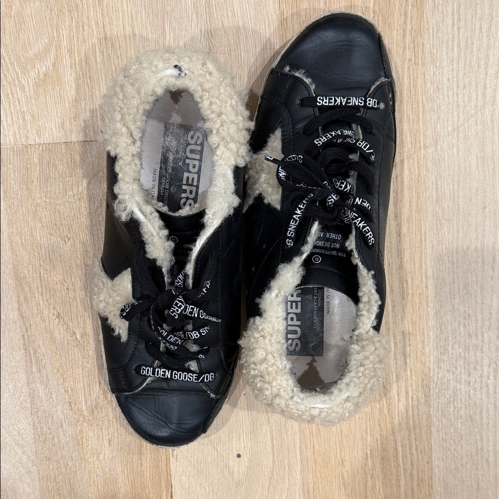 Golden Goose Black and Cream Sneakers with Star Accents
